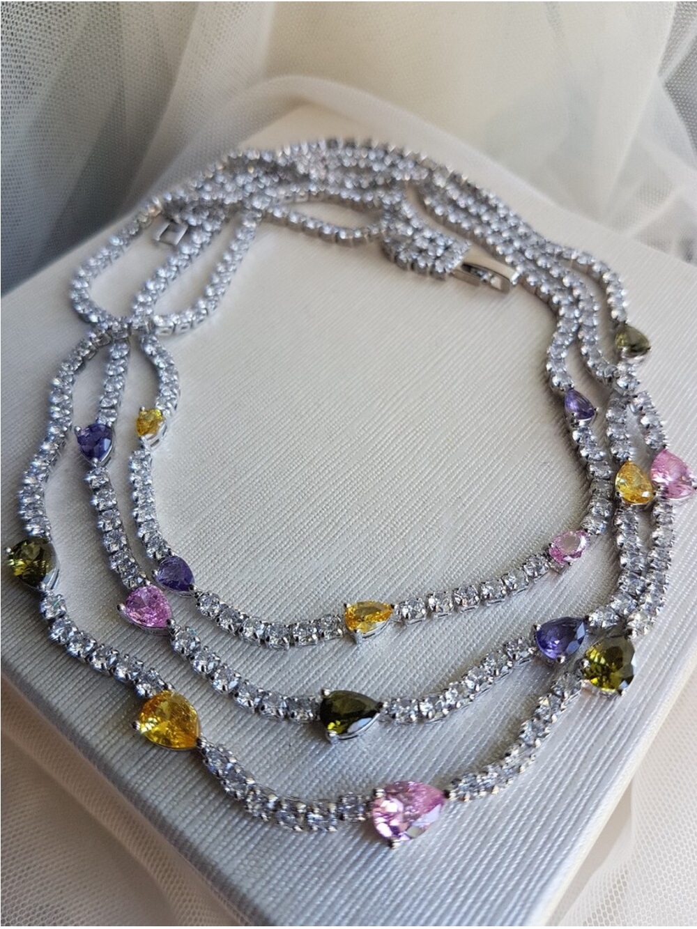 Swarovski Elements Teardrop Pink Purple & Yellow Gem Layered Necklace NEW - Picture 6 of 17
